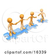Team Of Three Orange People Holding Hands And Standing On Blue Puzzle Pieces With One Man Reaching Out To Connect Another To Their Group Clipart Illustration Graphic by 3poD #COLLC16339-0033