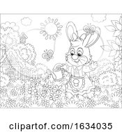 Black And White Female Bunny Rabbit Watering A Flower Garden