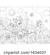 Black And White Bunny Rabbit In A Horse Cart Of Easter Eggs