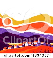 Poster, Art Print Of Elegant Cityscape Of Small And Cute Village On A Background Of Rocky Mountains At Sunset