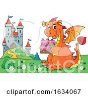 Dragon Holding A Birthday Cake By A Castle