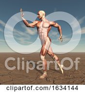 Poster, Art Print Of 3d Image Of A Male Body Builder With Muscle Map In Barren Landscape
