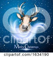 Poster, Art Print Of Cute Reindeer Over Snow And Bue Background With Merry Christmas Greeting