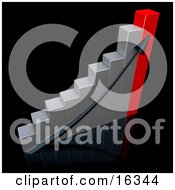 Black Arrow Going Up A Silver And Red Bar Graph Chart Over A Black Background Depicting An Increase In Sales