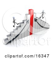 Two Competitive Businessmen Racing Up Different Sides Of A Chrome And Red Bar Graph Chart