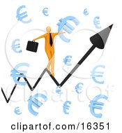 Happy Orange Businessman Carrying A Briefcase And Balancing On An Increasing Black Arrow Of A Graph Through Floating Blue Euro Symbols