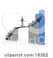 Corporate Businessman Holding A Balance Beam While Walking On An Increase Black Arrow On A Silver And Blue Bar Graph Chart