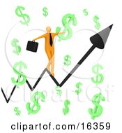 Happy Orange Businessman Carrying A Briefcase And Balancing On An Increasing Black Arrow Of A Graph Through Floating Green Dollar Symbols