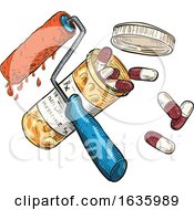Poster, Art Print Of Paint Roller Medicine Capsule Bottle Drawing Color