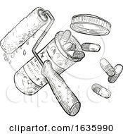 Poster, Art Print Of Paint Roller Medicine Capsule Bottle Drawing Black And White