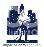 Poster, Art Print Of Retro Woodcut Pressure Washer Worker In A City