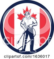 Retro Woodcut Pressure Washer Worker Over A Canadian Circle