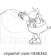 Cartoon Black And White Dog Wearing A Fishing Vest And Holding A Pole