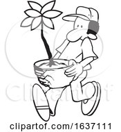 Cartoon Black And White Male Gardener Carrying A Potted Plant
