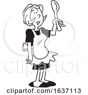 Cartoon Black And White Woman Wearing An Apron And Holding A Spoon by Johnny Sajem
