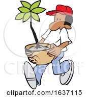 Poster, Art Print Of Cartoon Black Male Gardener Carrying A Potted Plant