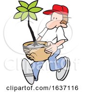 Poster, Art Print Of Cartoon White Male Gardener Carrying A Potted Plant