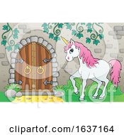 Poster, Art Print Of Unicorn By A Castle Door