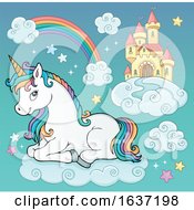 Poster, Art Print Of Cute Unicorn Resting On A Cloud Near A Castle In The Sky