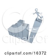 Silver Person Slipping And About To Fall While Standing On Top Of A Bar Graph Chart That Is Collapsing Symbolizing Bankruptcy And Failure