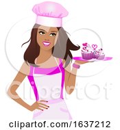 Poster, Art Print Of Beautiful Brunette Female Baker Holding A Tray Of Pink Cupcakes