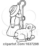 Cartoon Traditional Shepherd And Sheep Or Lamb