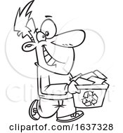 Cartoon Black And White Happy Man Carrying A Recycle Bin
