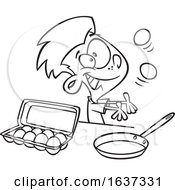 Cartoon Black And White Boy Juggling And Preparing To Make Scrambled Eggs