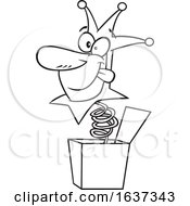 Cartoon Black And White April Fools Jester Popping Out Of A Jack In The Box by toonaday