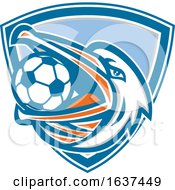 Poster, Art Print Of Retro Pelican Bird Holding A Soccer Ball In His Beak In A Blue White And Gray Shield