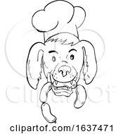 Poster, Art Print Of Chef Dog Biting Sausage String Cartoon Black And White