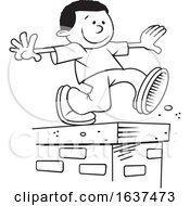 Cartoon Black And White African American Boy Walking On Top Of A Brick Wall