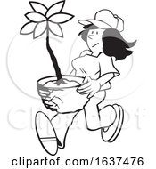 Cartoon Black And White Gardener Woman Carrying A Potted Plant