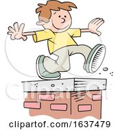 Cartoon White Boy Walking On Top Of A Brick Wall