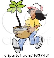 Poster, Art Print Of Cartoon Black Gardener Woman Carrying A Potted Plant