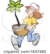 Cartoon White Gardener Woman Carrying A Potted Plant