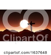 Poster, Art Print Of 3d Sunset Landscape With Jesus On The Cross