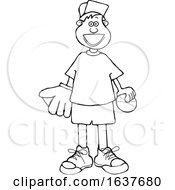 Poster, Art Print Of Cartoon Black And White Happy Boy With A Baseball And Glove