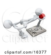 White Person Pulling The Legs Of Another To Try To Assist With Turning A Lever To The Off Position Clipart Illustration Graphic