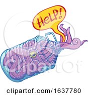 Poster, Art Print Of Cartoon Purple Octopus Stuck Inside A Plastic Bottle And Asking For Help