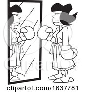 Cartoon Black And White Tough Woman Wearing Boxing Gloves In Front Of A Mirror