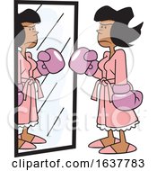 Poster, Art Print Of Cartoon Tough Black Woman Wearing Boxing Gloves In Front Of A Mirror