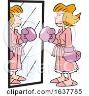 Poster, Art Print Of Cartoon Tough White Woman Wearing Boxing Gloves In Front Of A Mirror