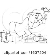 Poster, Art Print Of Cartoon Black And White Male Carpenter Kneeling And Hammering