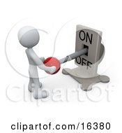 White Person Standing In Front Of A Switch Plate And Holding The Red Knob Preparing To Turn It On Clipart Illustration Graphic