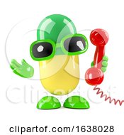 3d Funny Cartoon Pill Character Holding A Phone On A White Background by Steve Young