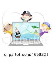Poster, Art Print Of Kids Pirates Laptop Show Ship Island Illustration