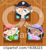 Poster, Art Print Of Kids Pirates Ship Window Wave Illustration