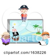 Poster, Art Print Of Kids Pirates Tablet Reading Book Illustration