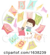 Poster, Art Print Of Kid Boy Pencil Flying Papers Alphabet Illustration
